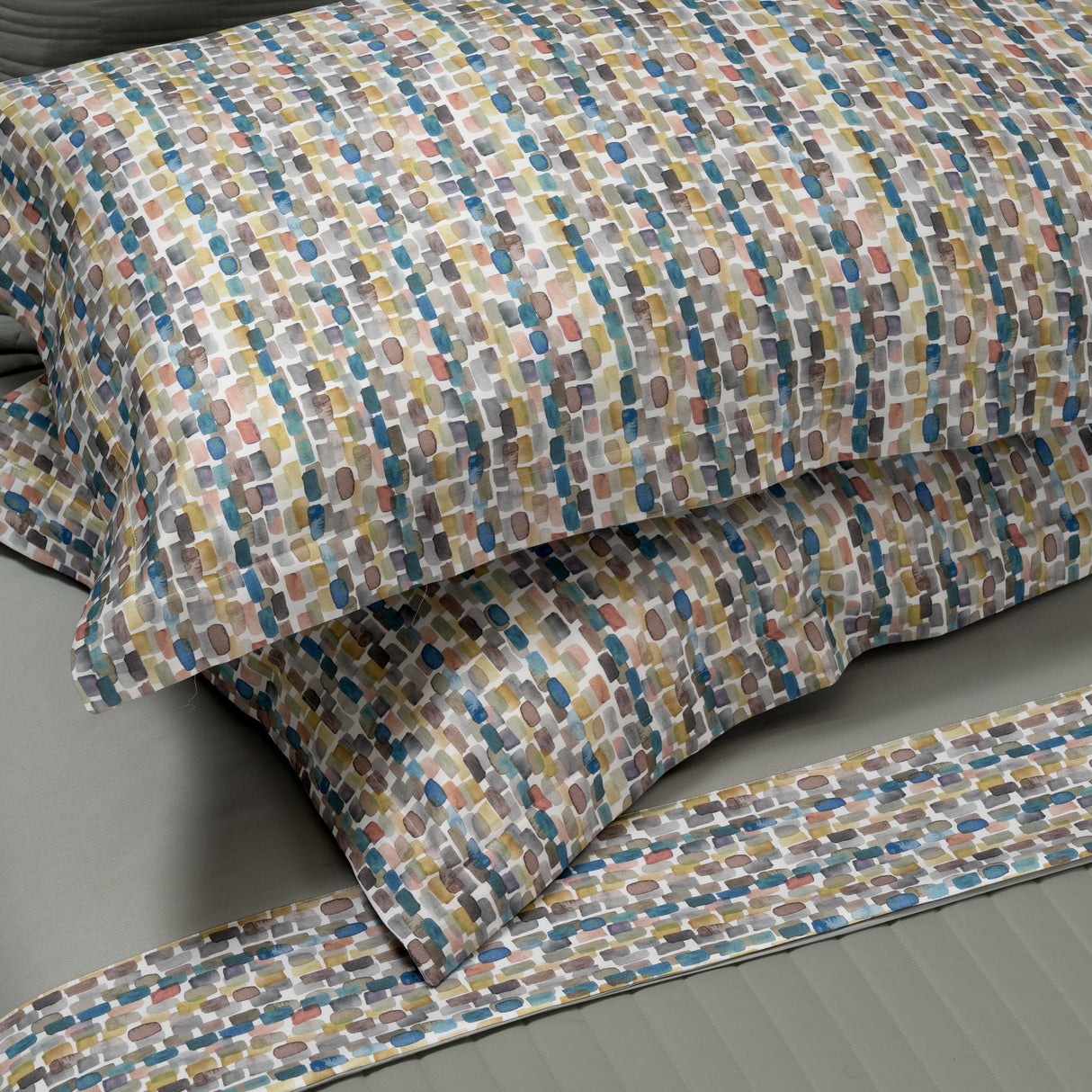 Completo Lenzuola in Raso di Cotone con Fantasia Geometrica - Praline