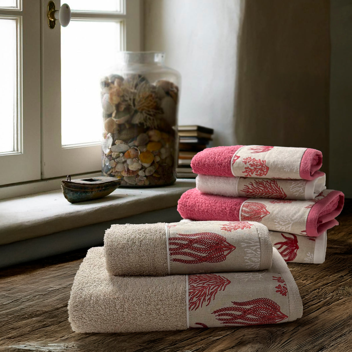 Coppia di Asciugamani in Spugna di Cotone - Vermiglio