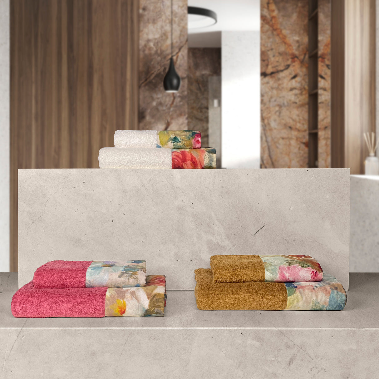 Coppia di Asciugamani in Spugna di Cotone con Balza in Raso - Camelia