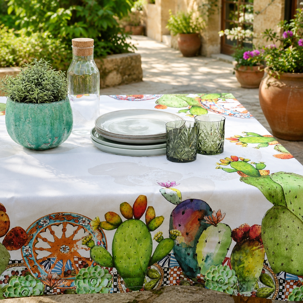 Tovaglia in Raso di Cotone Fantasia Cactus - Ruota Carretto Siciliano