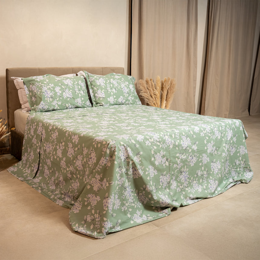 Completo Lenzuola Copriletto in Percalle di Cotone Egiziano con Stampa Floreale - Serenelle