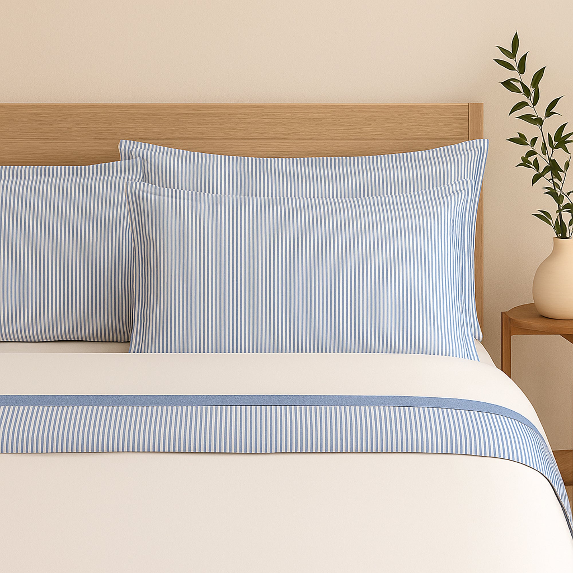 Completo Lenzuola in Puro Cotone con Bordo Rigato Tinto in Filo - Taormina