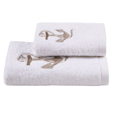 Coppia di Asciugamani in Spugna in Cotone con Ricamo - Ancora