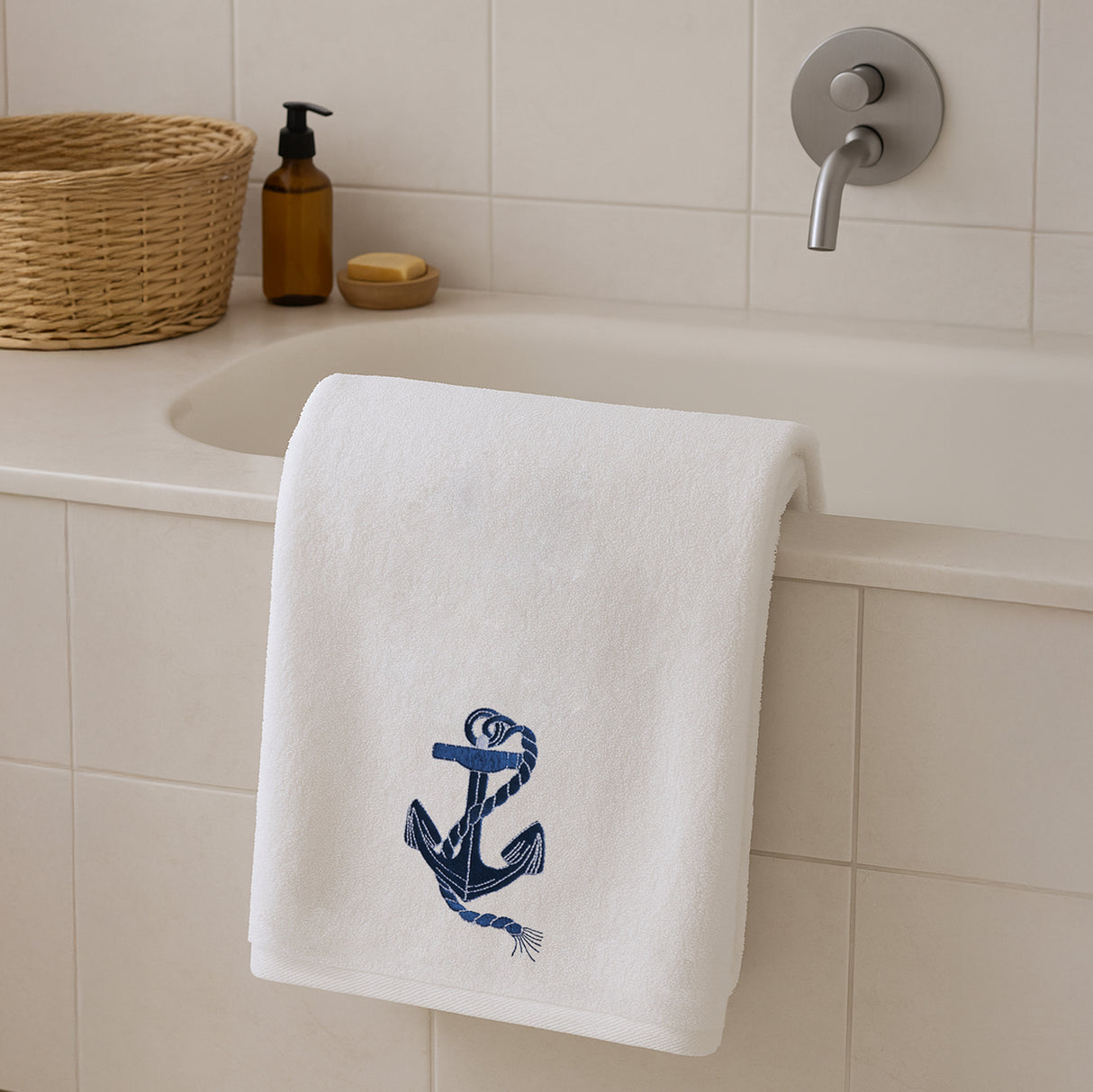 Telo da bagno in Spugna di Cotone con Ricamo - Ancora