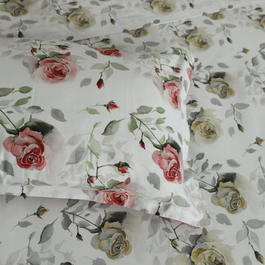 Completo Lenzuola Copriletto in Raso di Cotone Egiziano con Stampa Floreale - Rosaire