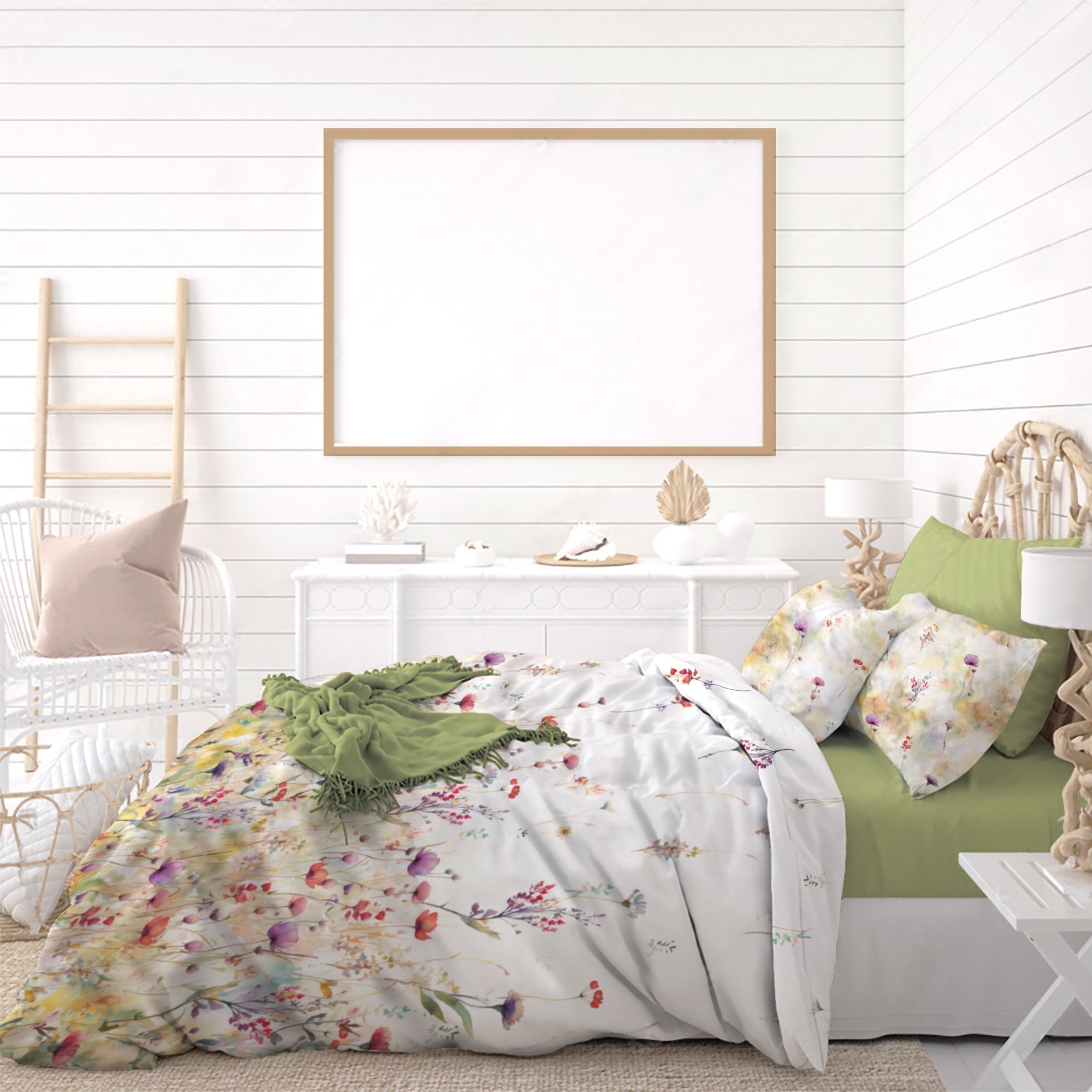 Completo Lenzuola Copriletto in Percalle di Cotone con Stampa Floreale - Meadow