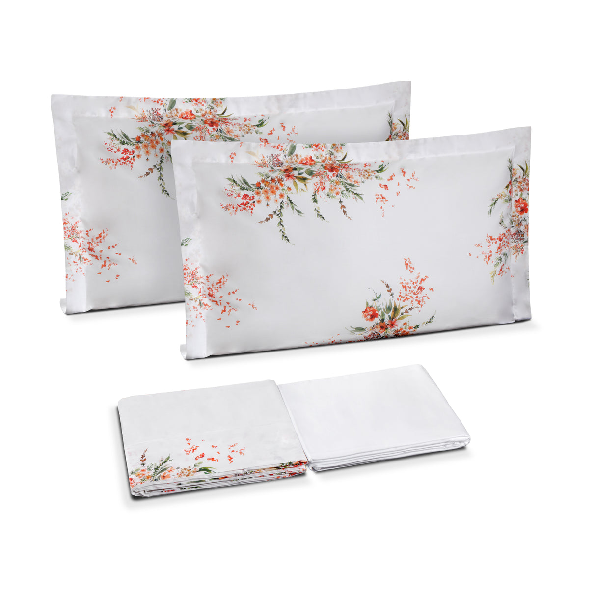 Completo Lenzuola in Cotone con Bordo in Raso Fantasia Floreale - Mirea