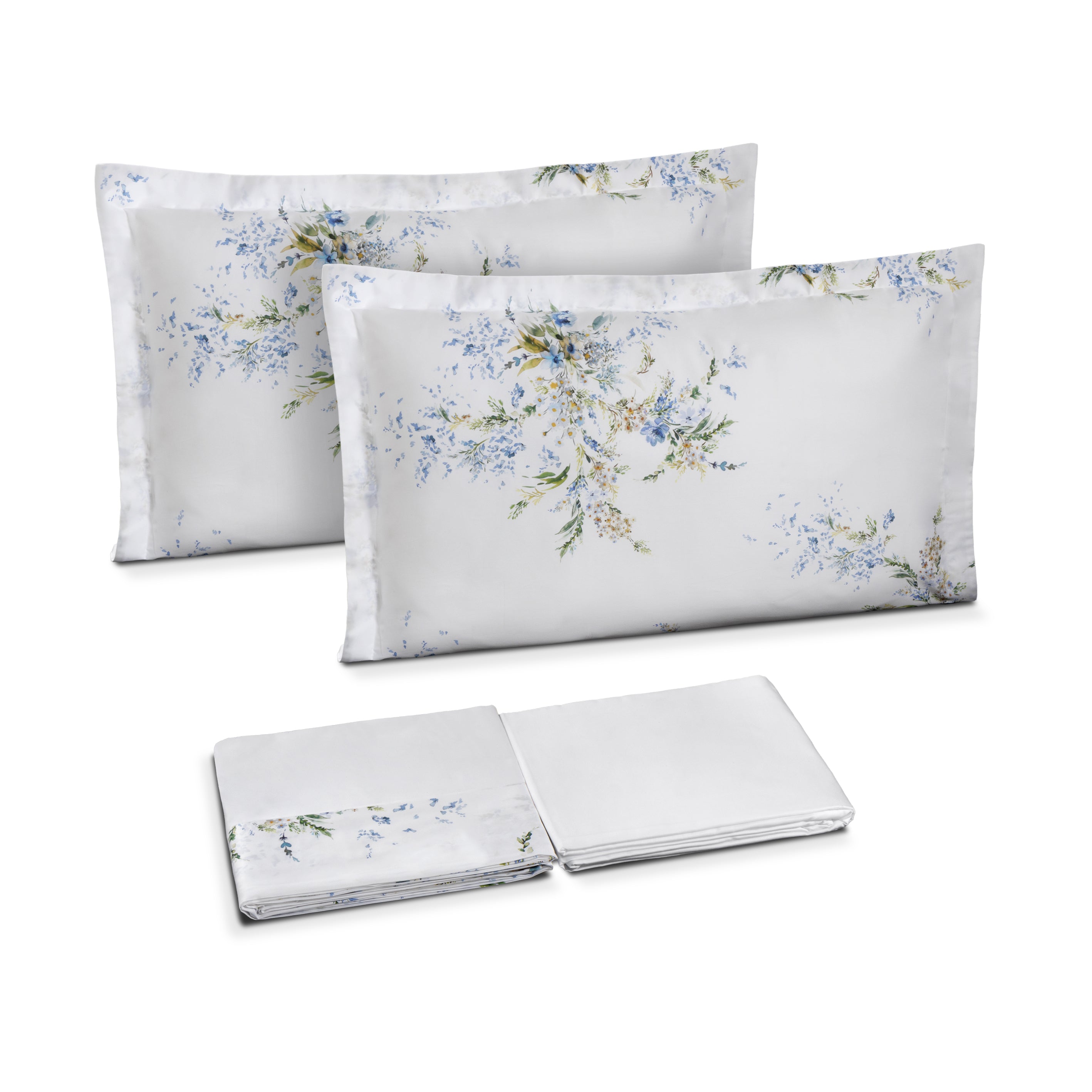 Completo Lenzuola in Cotone con Bordo in Raso Fantasia Floreale - Mirea