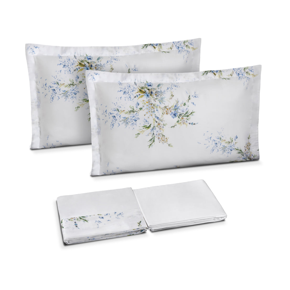 Completo Lenzuola in Cotone con Bordo in Raso Fantasia Floreale - Mirea