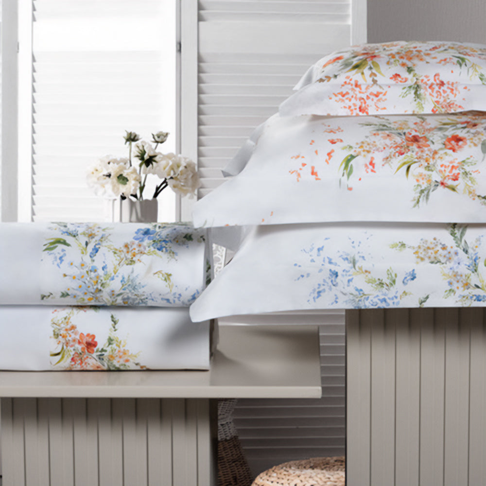 Completo Lenzuola in Cotone con Bordo in Raso Fantasia Floreale - Mirea