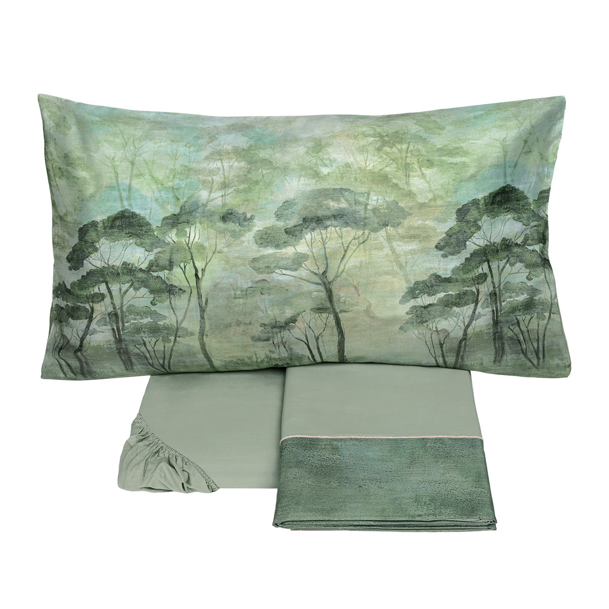 Completo Lenzuola in Raso Di Cotone Fantasia Boschi Incantati - Nemora