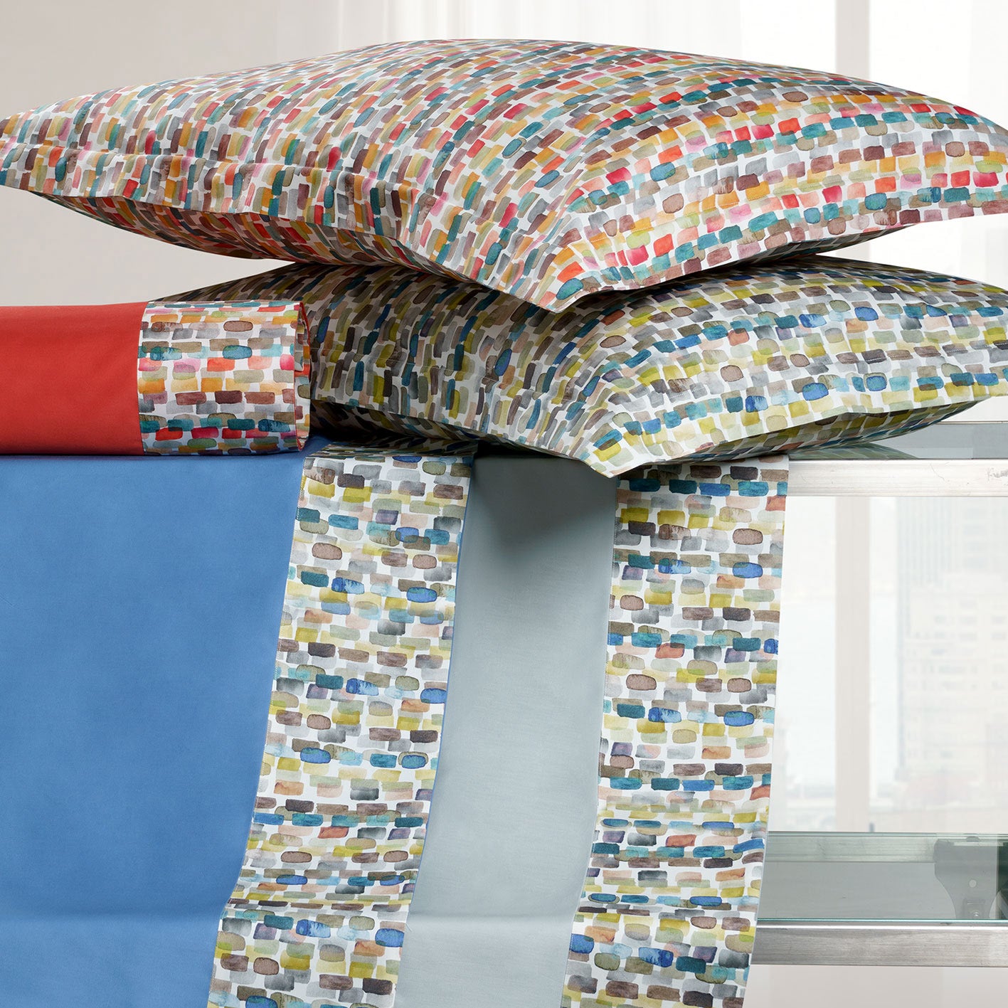 Completo Lenzuola in Raso di Cotone con Fantasia Geometrica - Praline