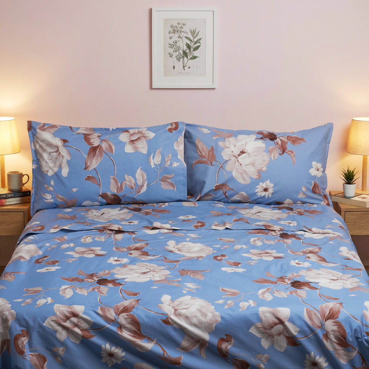 Completo Lenzuola in Percalle di Cotone Fantasia Floreale - Rosewood