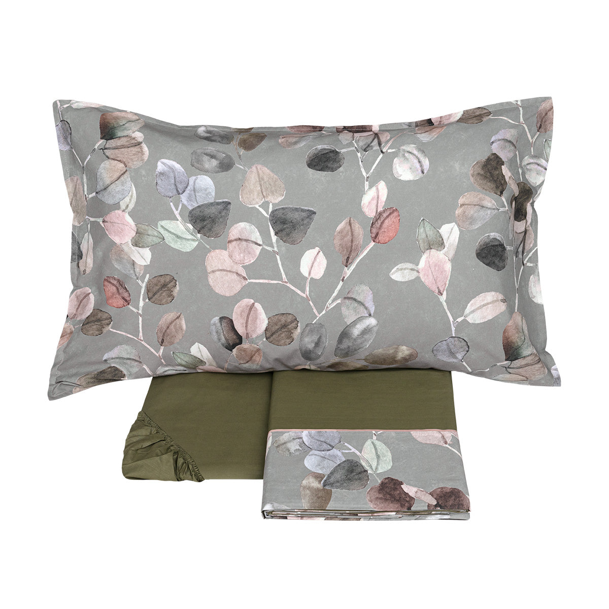 Completo Lenzuola in Percalle di Cotone Fantasia Foglie di Eucalipto - Sabi Sabi