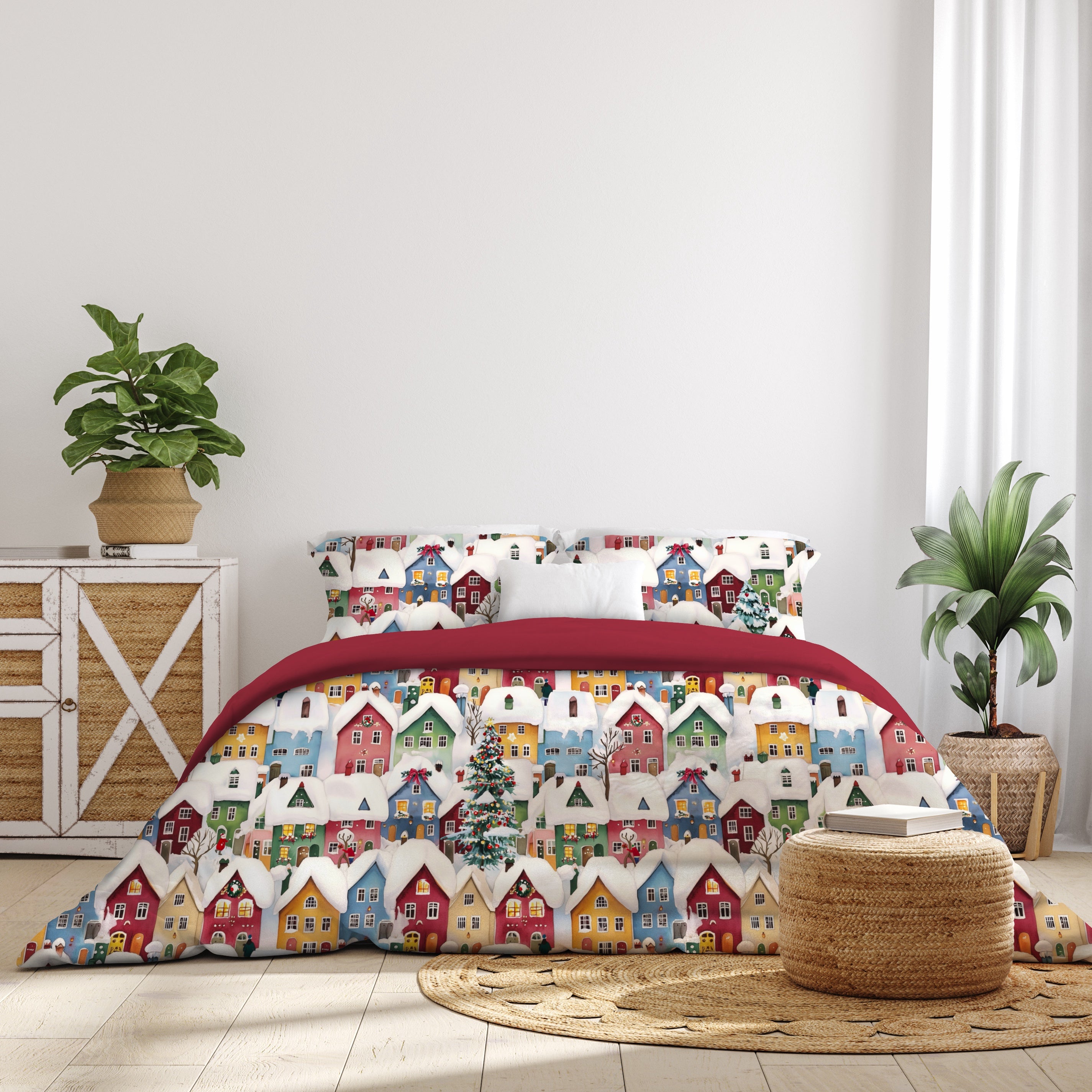 Parure Copripiumino in Percalle di Cotone con Stampa Villaggio Innevato - Casette