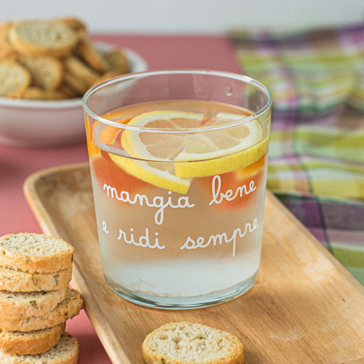 Set 6 Bicchieri in Vetro Temperato Serigrafati - Mangia Bene e Ridi Sempre