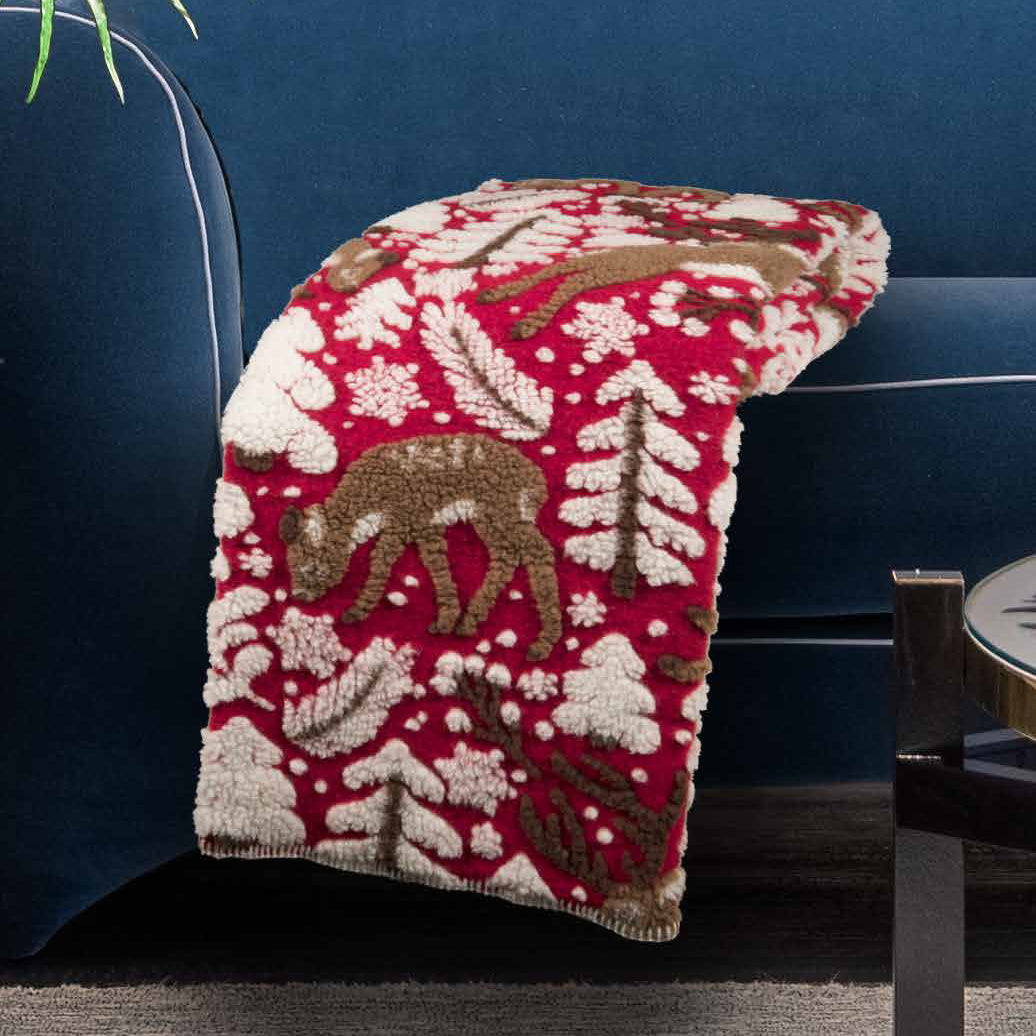 Plaid in Lana Cotta Fantasia Paesaggio di Montagna - Cerbiatti