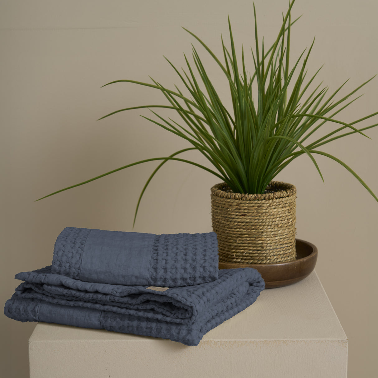 Coppia Nido d'Ape Stonewashed con Bordo in Lino - Jaspy