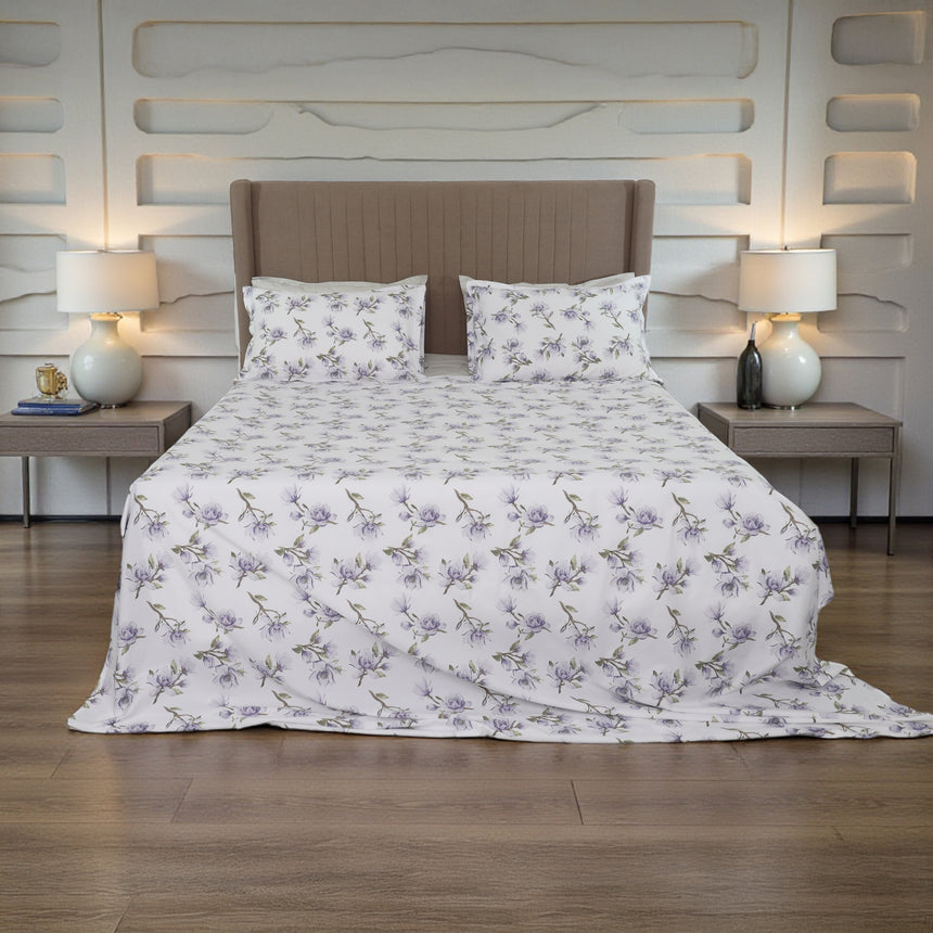 Completo Lenzuola Copriletto in Percalle di Cotone Egiziano con Stampa Floreale - Magnolie Reverie