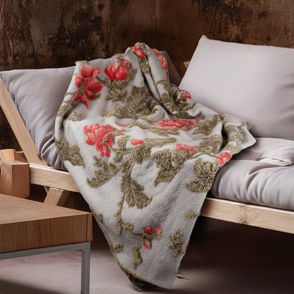 Plaid in Lana Cotta Fantasia Floreale con Finitura Punto Cavallo - Monalisa