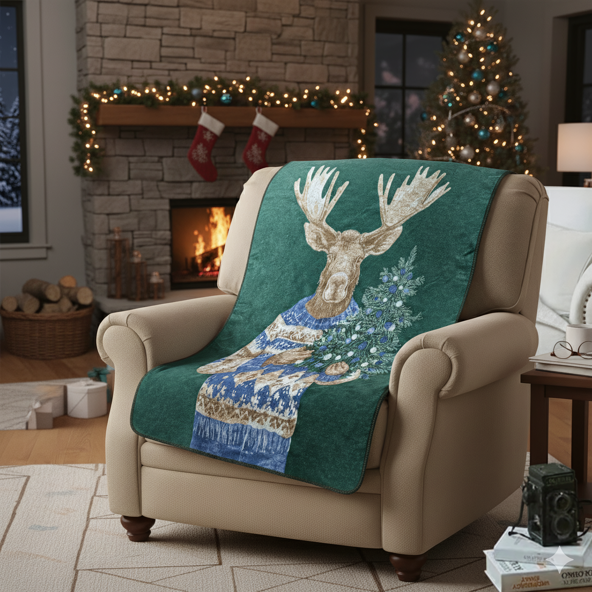 Plaid in Lana Cotta con Alce Natalizio - Moose