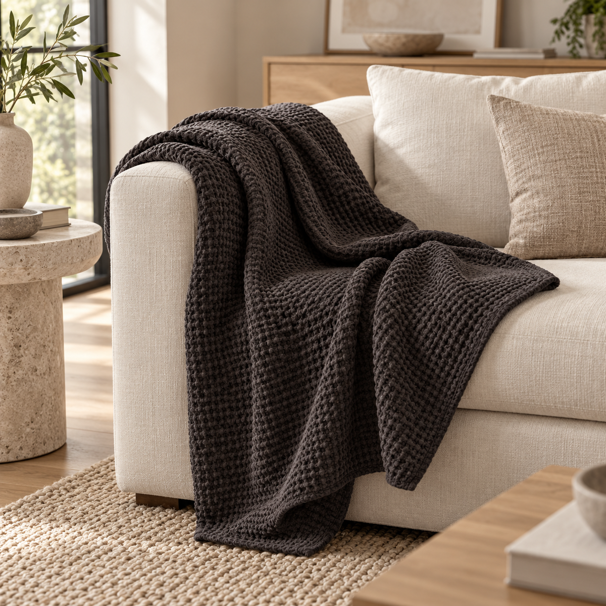Plaid a Nido D'Ape StoneWashed in Cotone Tinta Unita - Maia