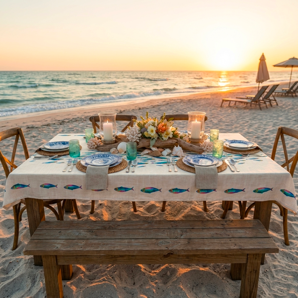 Tovaglia in Raso di Cotone Fantasia Marina - Sardine