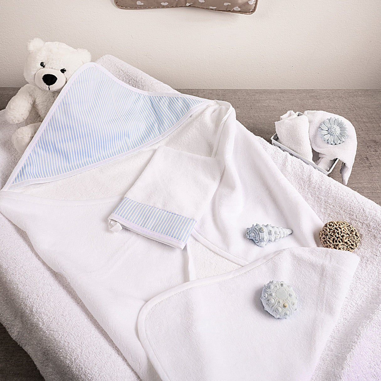 Accappatoio da Neonato in Spugna fibra di Bambù con Inserto in Piquet Rigato - Sona Accappatoio Bimbo Lisola Baby