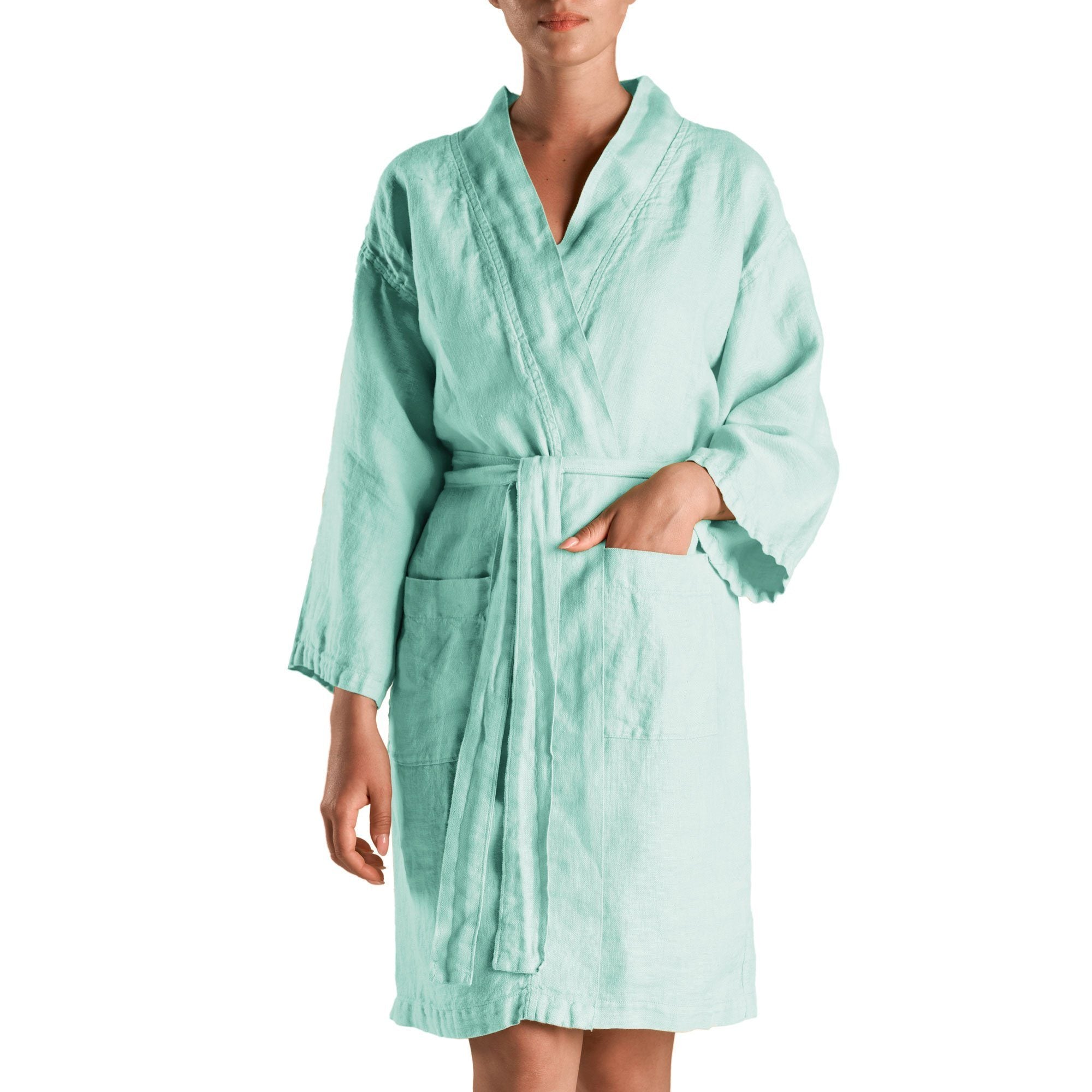 Accappatoio Kimono in puro Lino - Panamà Sole Accappatoio Biancoperla S/M Acqua
