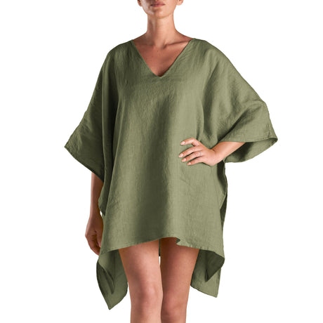 Caftano in Puro Lino in Tinta Unita - Stella Telo Mare Biancoperla Bosco