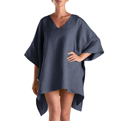 Caftano in Puro Lino in Tinta Unita - Stella Telo Mare Biancoperla Denim