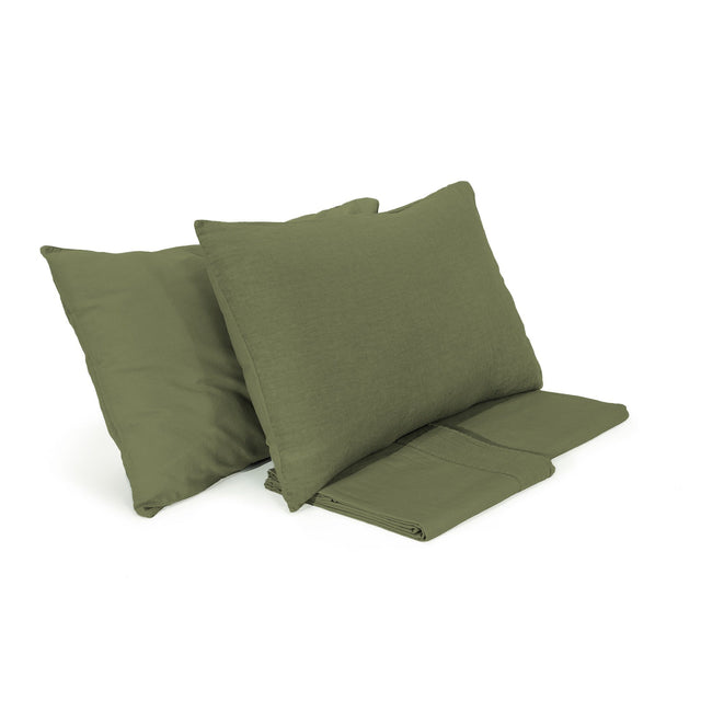 Completo Copripiumino Cotone e Lino StoneWashed No Stiro - Loira Copripiumino Lisola Singolo Verde (Bosco)