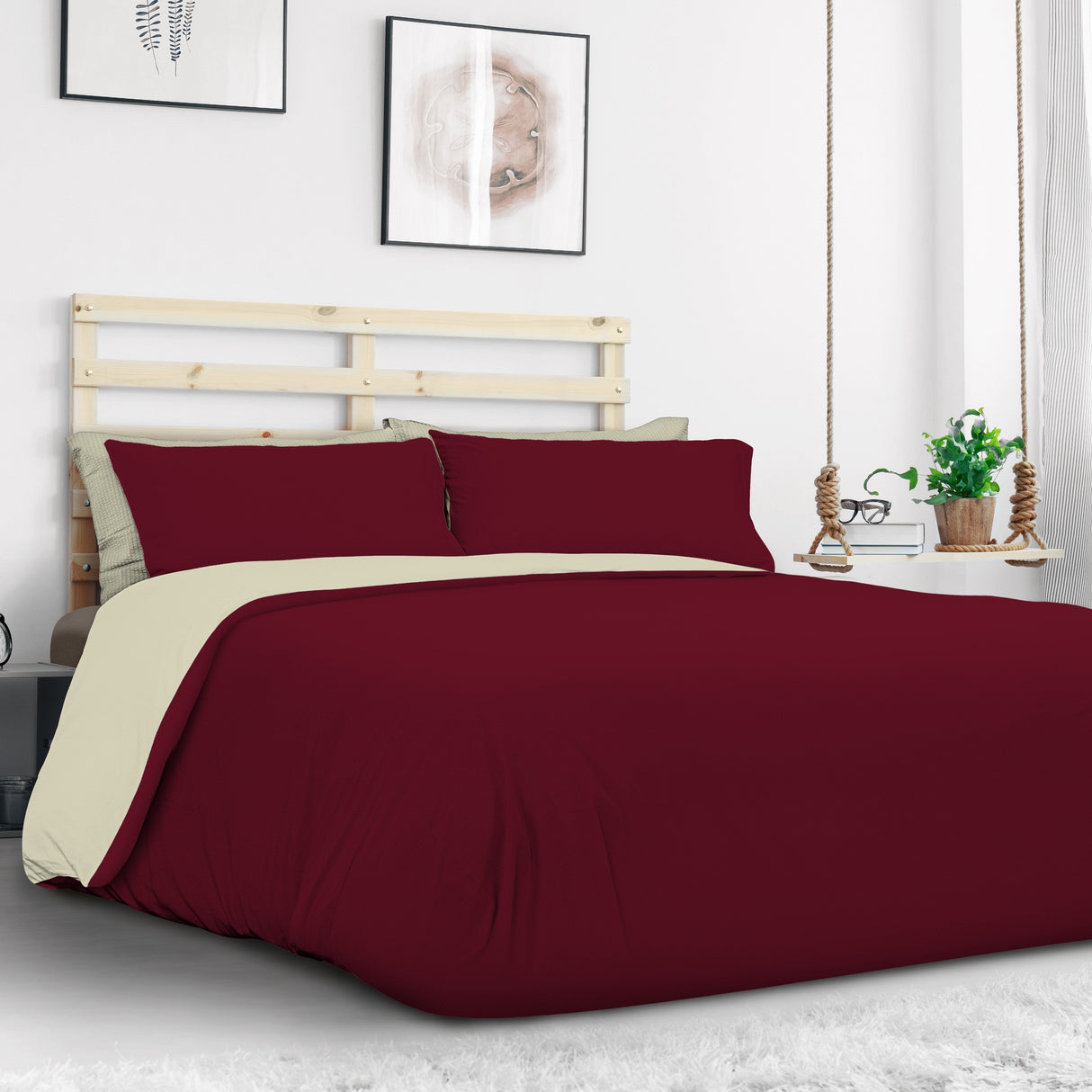 Completo Copripiumino Double face in Jersey di cotone - Bicolor Copripiumino Daunex Singola Naturale/Bordeaux