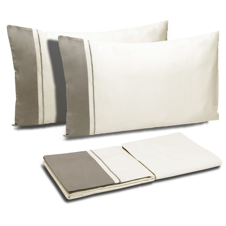 Completo Copripiumino in Raso di Cotone con Balza a Contrasto - Williamsburg Copripiumino Dea Matrimoniale Avorio/Fango