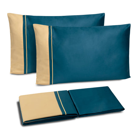 Completo Copripiumino in Raso di Cotone con Balza a Contrasto - Williamsburg Copripiumino Dea Matrimoniale Ottanio/Oro