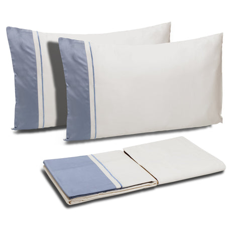 Completo Copripiumino in Raso di Cotone con Balza a Contrasto - Williamsburg Copripiumino Dea Matrimoniale Avorio/Blu Coloniale