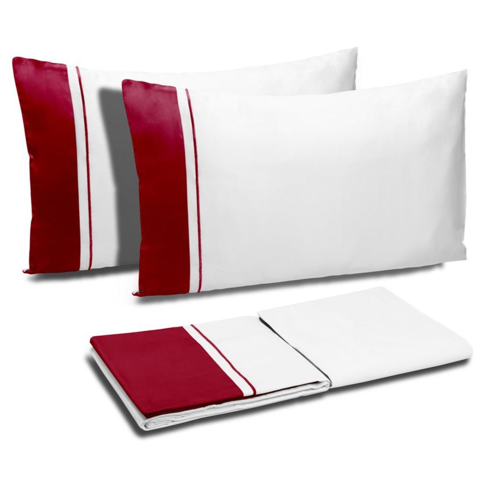 Completo Copripiumino in Raso di Cotone con Balza a Contrasto - Williamsburg Copripiumino Dea Matrimoniale Avorio/Bordeaux