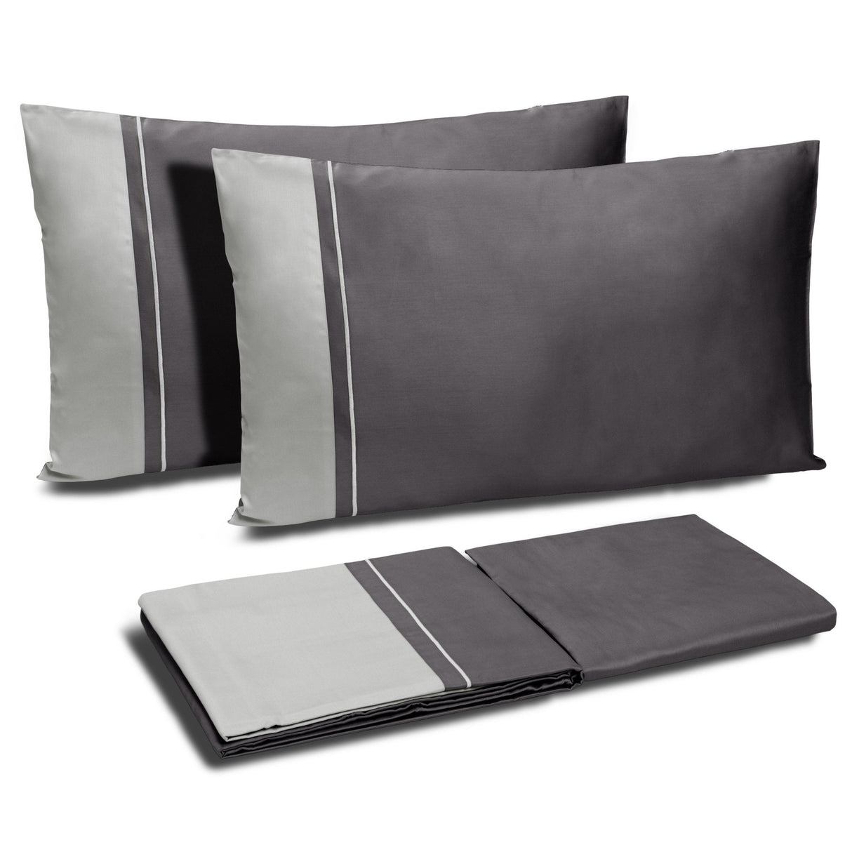 Completo Copripiumino in Raso di Cotone con Balza a Contrasto - Williamsburg Copripiumino Dea Matrimoniale Grigio