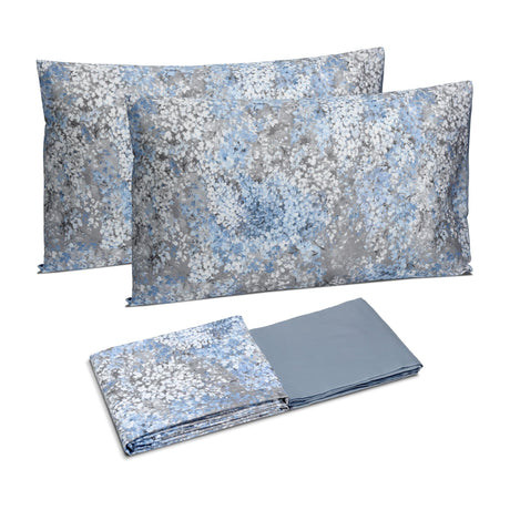 Completo Copripiumino in Raso di Puro Cotone Fantasia Floreale - Glicine Copripiumino Dea Matrimoniale Blu Cenere