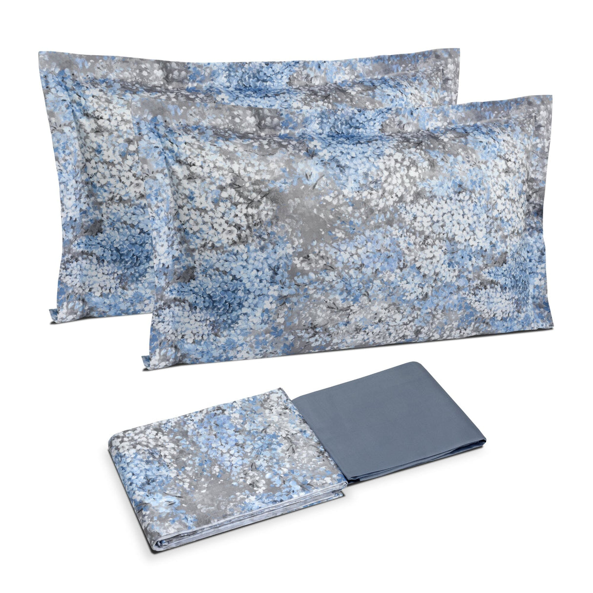 Completo Lenzuola Copriletto in Raso di Puro Cotone Fantasia Floreale - Glicine Lenzuola Dea Matrimoniale Blu Cenere