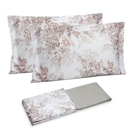 Completo Lenzuola Copriletto in Raso di Puro Cotone Fantasia Floreale - Glicine Lenzuola Dea Matrimoniale Tortora Chiaro