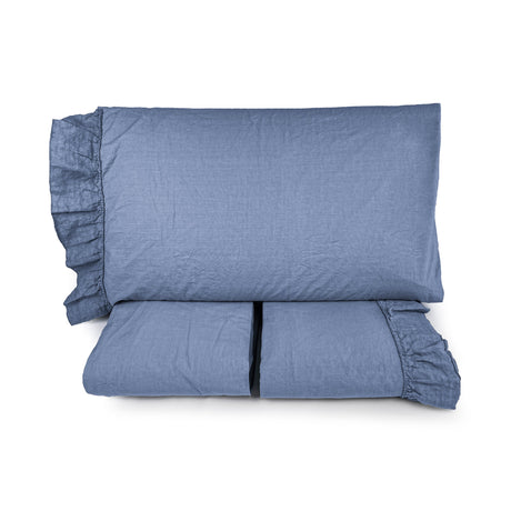 Completo Lenzuola in Cotone StoneWash con Balza in lino - Florida Lenzuola Lisola Matrimoniale Blu