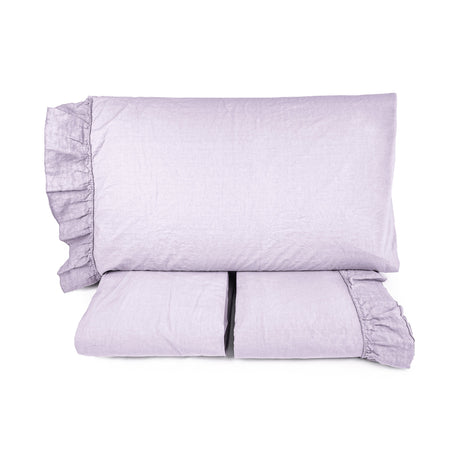 Completo Lenzuola in Cotone StoneWash con Balza in lino - Florida Lenzuola Lisola Matrimoniale Lilla