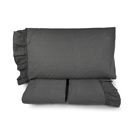 Completo Lenzuola in Cotone StoneWash con Balza in lino - Florida Lenzuola Lisola Matrimoniale Piombo