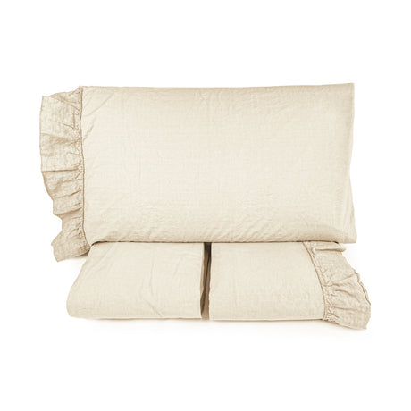 Completo Lenzuola in Cotone StoneWash con Balza in lino - Florida Lenzuola Lisola Matrimoniale Sabbia