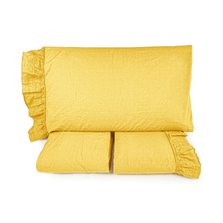 Completo Lenzuola in Cotone StoneWash con Balza in lino - Florida Lenzuola Lisola Matrimoniale Senape