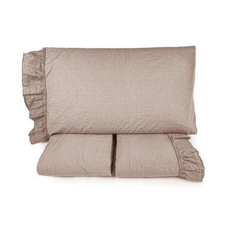 Completo Lenzuola in Cotone StoneWash con Balza in lino - Florida Lenzuola Lisola Matrimoniale Tortora