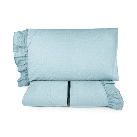 Completo Lenzuola in Cotone StoneWash con Balza in lino - Florida Lenzuola Lisola Matrimoniale Turchese