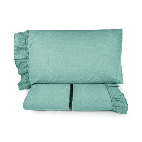 Completo Lenzuola in Cotone StoneWash con Balza in lino - Florida Lenzuola Lisola Matrimoniale Verde