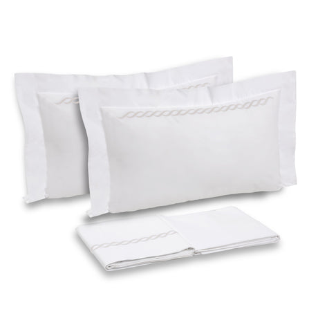 Completo Lenzuola in Percalle di Cotone con Greca Ricamata - Athene Lenzuola Dea Matrimoniale Bianco/Avorio